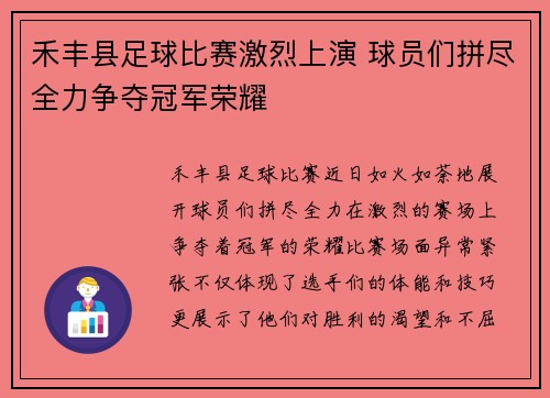 禾丰县足球比赛激烈上演 球员们拼尽全力争夺冠军荣耀
