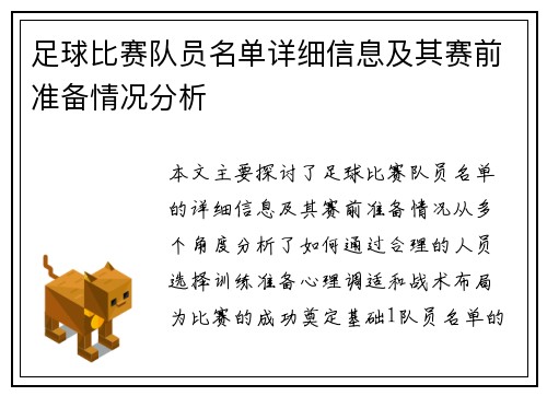 足球比赛队员名单详细信息及其赛前准备情况分析