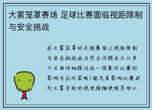 大雾笼罩赛场 足球比赛面临视距限制与安全挑战