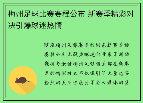 梅州足球比赛赛程公布 新赛季精彩对决引爆球迷热情