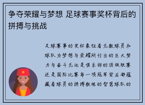 争夺荣耀与梦想 足球赛事奖杯背后的拼搏与挑战