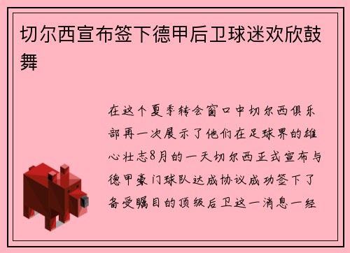 切尔西宣布签下德甲后卫球迷欢欣鼓舞