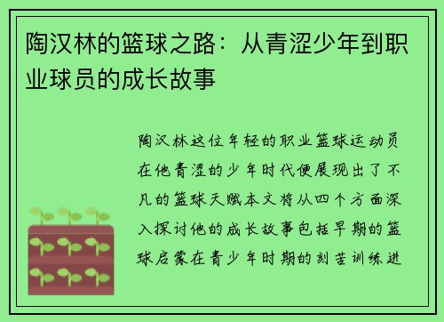 陶汉林的篮球之路：从青涩少年到职业球员的成长故事