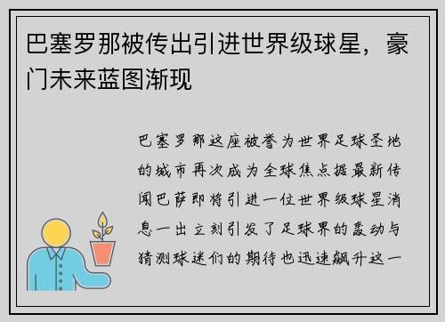 巴塞罗那被传出引进世界级球星，豪门未来蓝图渐现