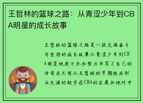 王哲林的篮球之路：从青涩少年到CBA明星的成长故事