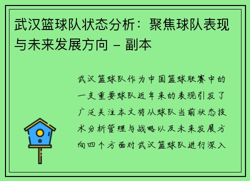 武汉篮球队状态分析：聚焦球队表现与未来发展方向 - 副本